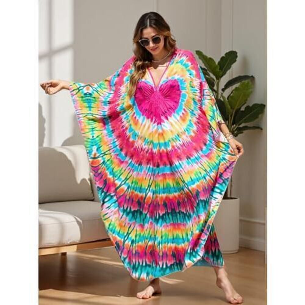 Boho Kaftan Plus Size Dress For Women, Batwing Sleeve Beach Cover Up, Casual - Picture 2 of 5